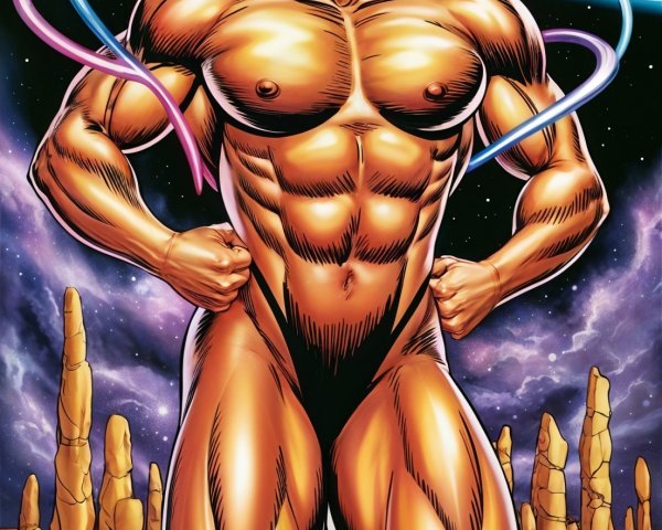 Muscular Superhero in Cosmic Landscape with Energy Ribbons