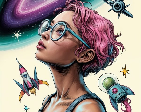 Young Woman in Cosmic Scene with Rockets and Galaxy