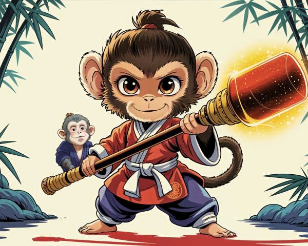 Cartoon Monkey Character in Vibrant Bamboo Forest