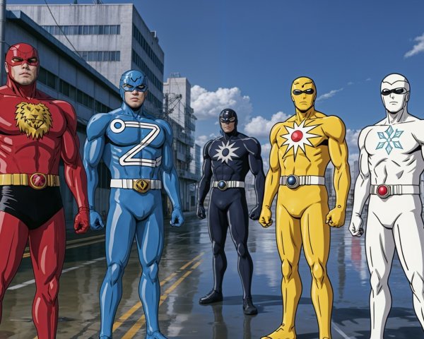 Superheroes Display Distinct Colors and Emblems in City