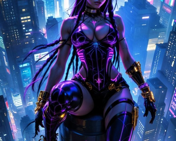 Futuristic Cityscape with Neon Lights and Warrior Figure