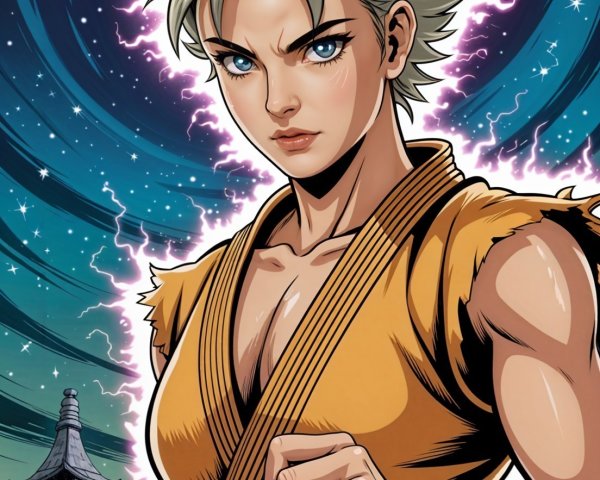 Female Character in Orange Gi with Cosmic Background