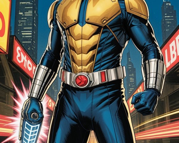 Muscular Superhero in Futuristic Cityscape Setting