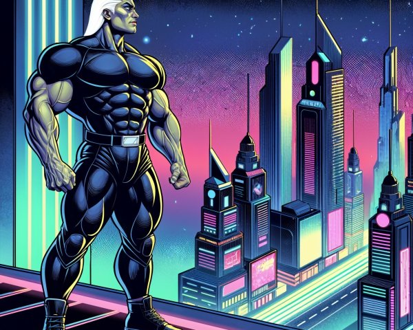Futuristic superhero on rooftop in neon cityscape