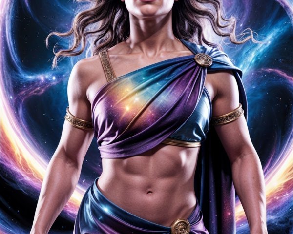 Confident Female Figure in Colorful Cosmic Setting