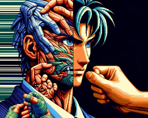 Split-Face Artwork Blending Humanity and Technology