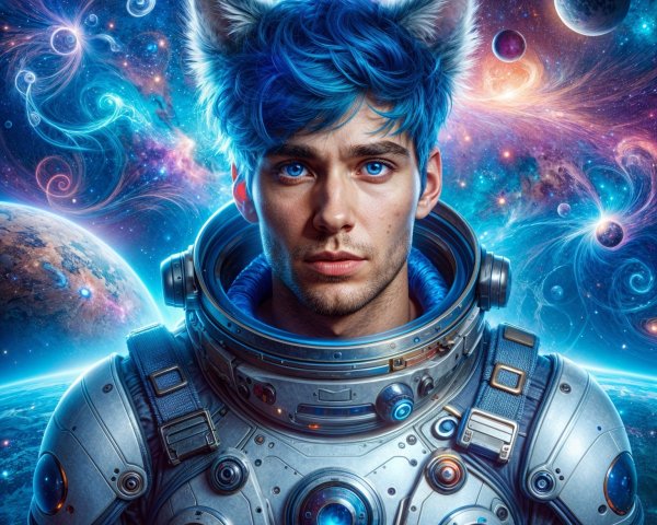 Futuristic astronaut with blue hair in cosmic scene