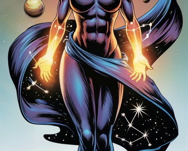 Cosmic Figure Surrounded by Celestial Elements in Space