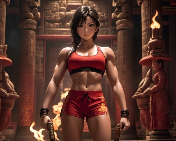 Female Warrior in Ancient Temple with Weapons
