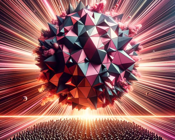 Large Geometric Sphere Surrounded by Humanoid Silhouettes