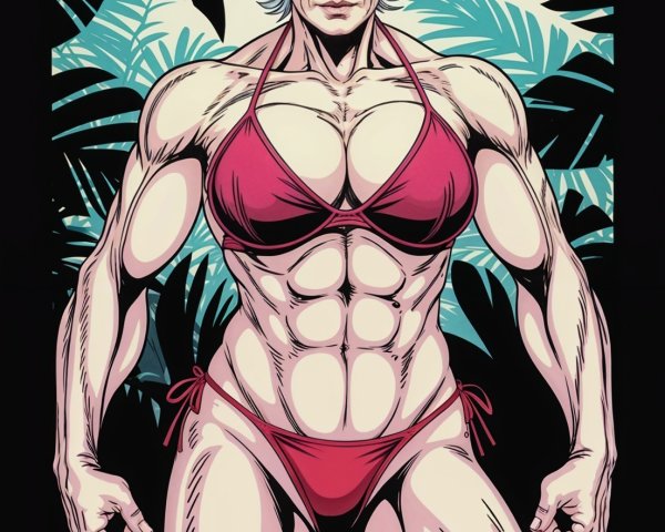 Muscular Older Woman in Red Bikini Amid Tropical Leaves