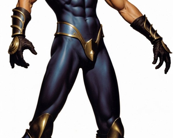 Muscular Superhero in Blue Bodysuit with Gold Armor