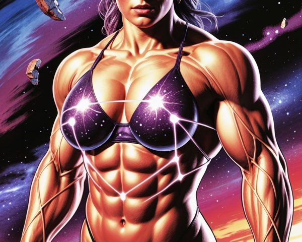 Powerful Female Superhero in Cosmic-Themed Attire