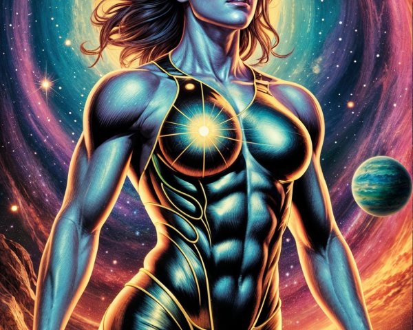 Muscular Woman in Cosmic Background with Blue Skin