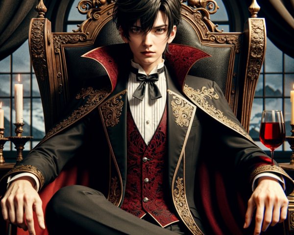 Young man in ornate throne with elegant attire