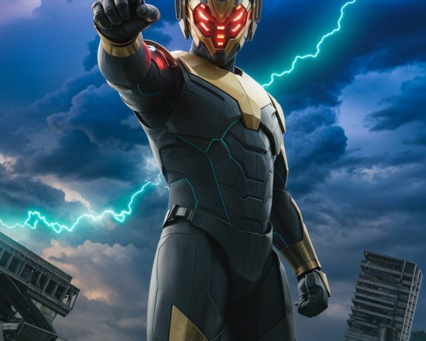 Futuristic superhero in black suit with stormy backdrop