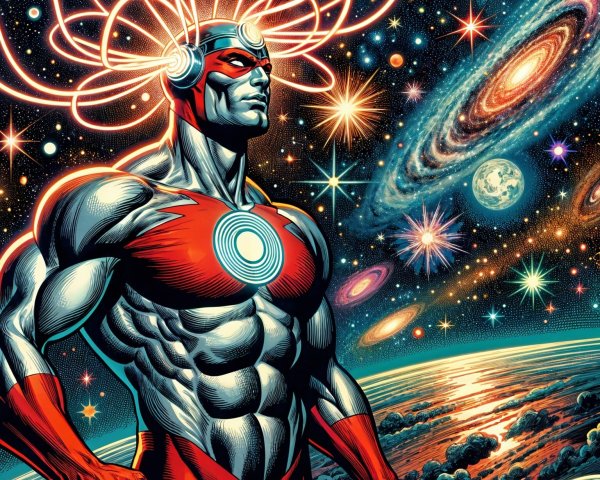 Superhero Against Cosmic Backdrop with Vibrant Colors