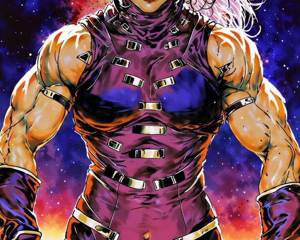 Muscular Female Character in Purple Bodysuit Against Cosmos