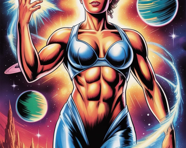 Muscular Woman in Cosmic Landscape with Vibrant Planets