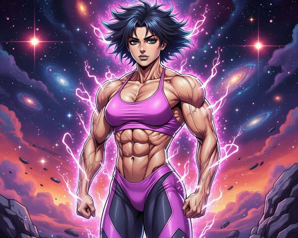 Muscular Woman in Anime Style Surrounded by Cosmos