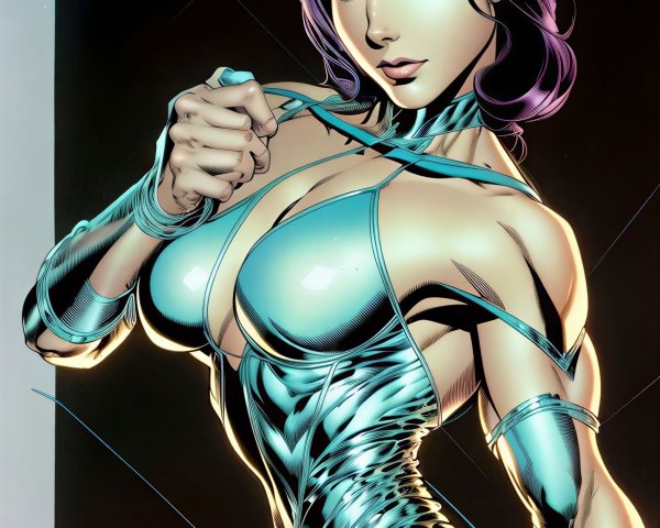 Confident Female Superhero in Metallic Bodysuit