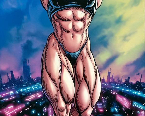 Muscular Female Character Overlooking City Skyline