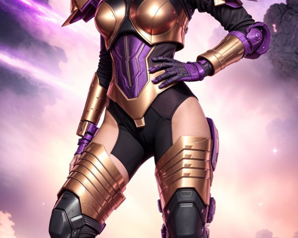 Fierce Female Warrior in Futuristic Armor with Cosmic Background