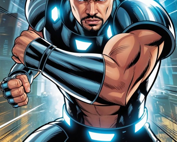 Fierce superhero in black suit with blue accents