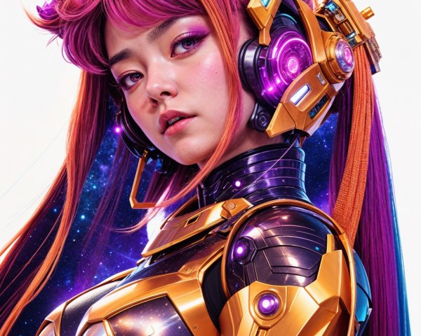 Futuristic Female Figure with Vibrant Hair and Bodysuit