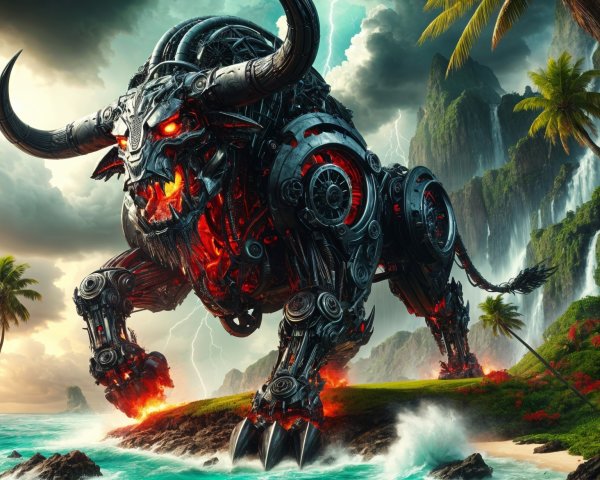 Robotic Bull on Tropical Island with Dramatic Landscape