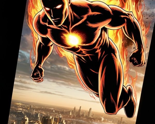Superhero with Fiery Head Soaring Above Cityscape