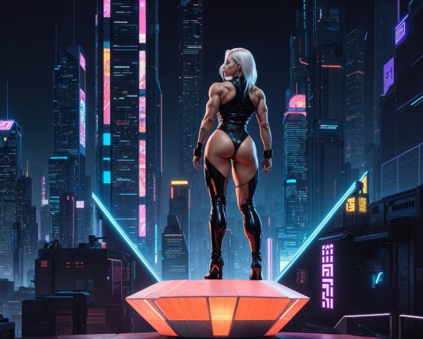 Futuristic Cyberpunk Cityscape with Muscular Figure