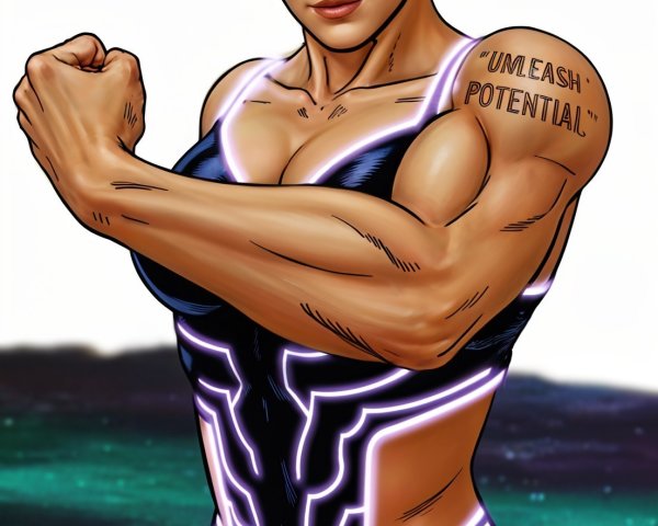 Female superhero in futuristic suit with muscular physique