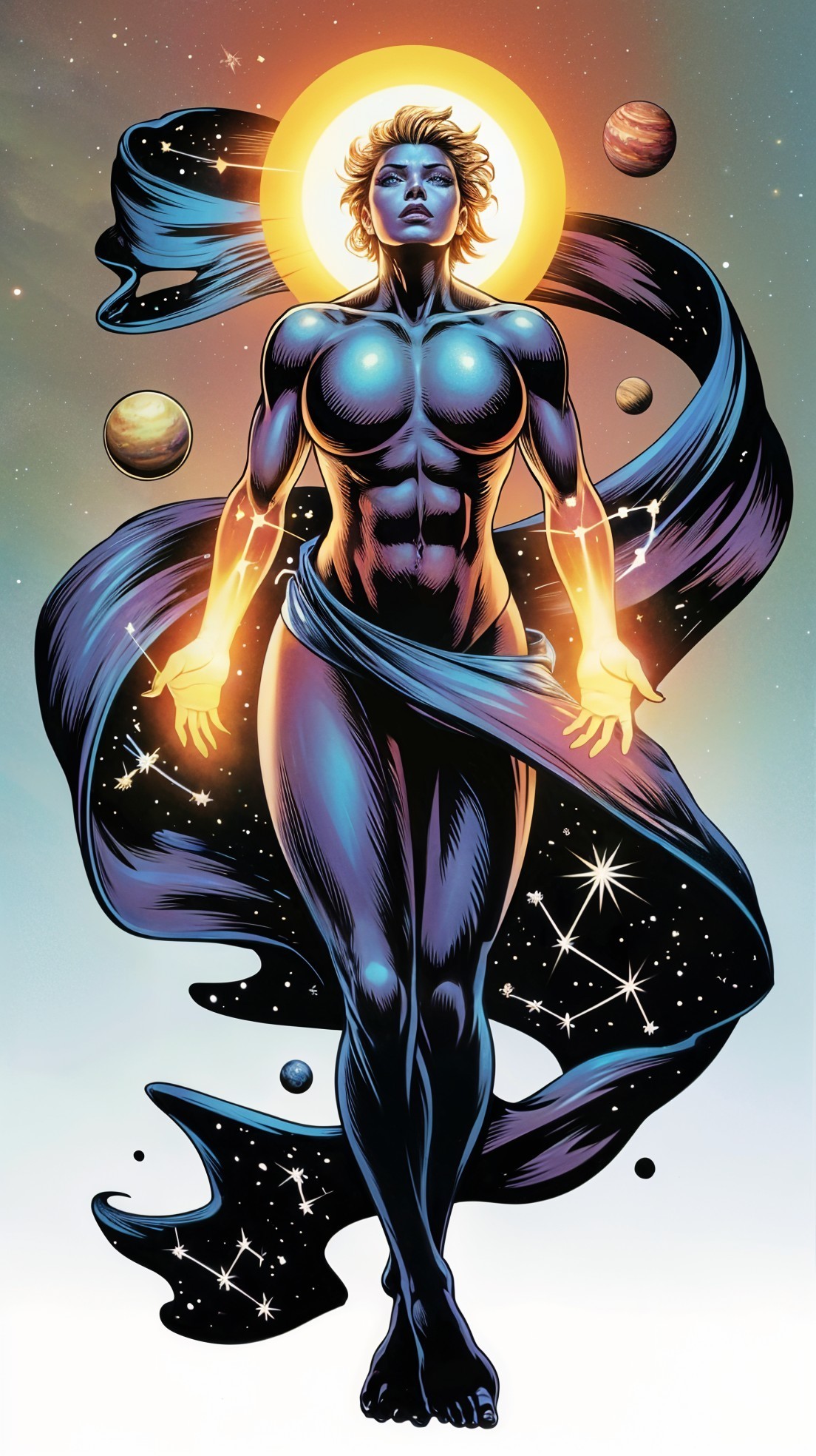 Cosmic Figure Surrounded by Celestial Elements in Space