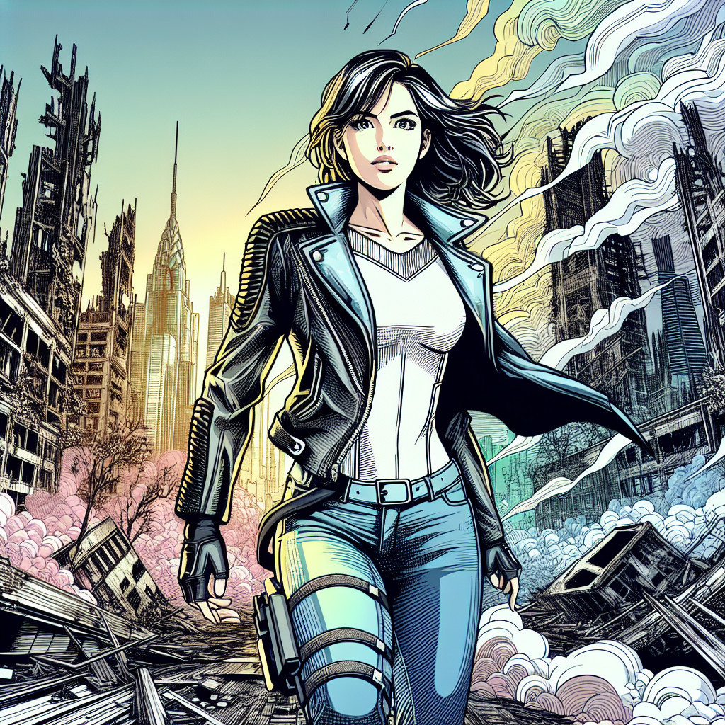 Young Woman in Leather Jacket in Ruined Cityscape