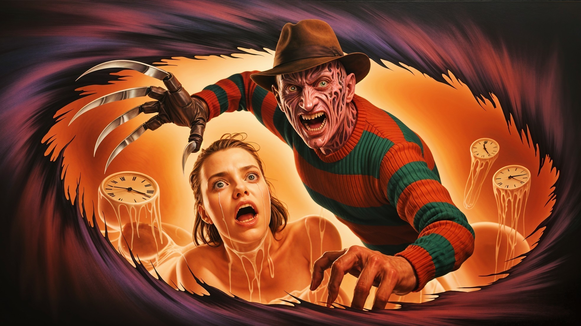 Menacing Figure in Striped Sweater Over Frightened Woman