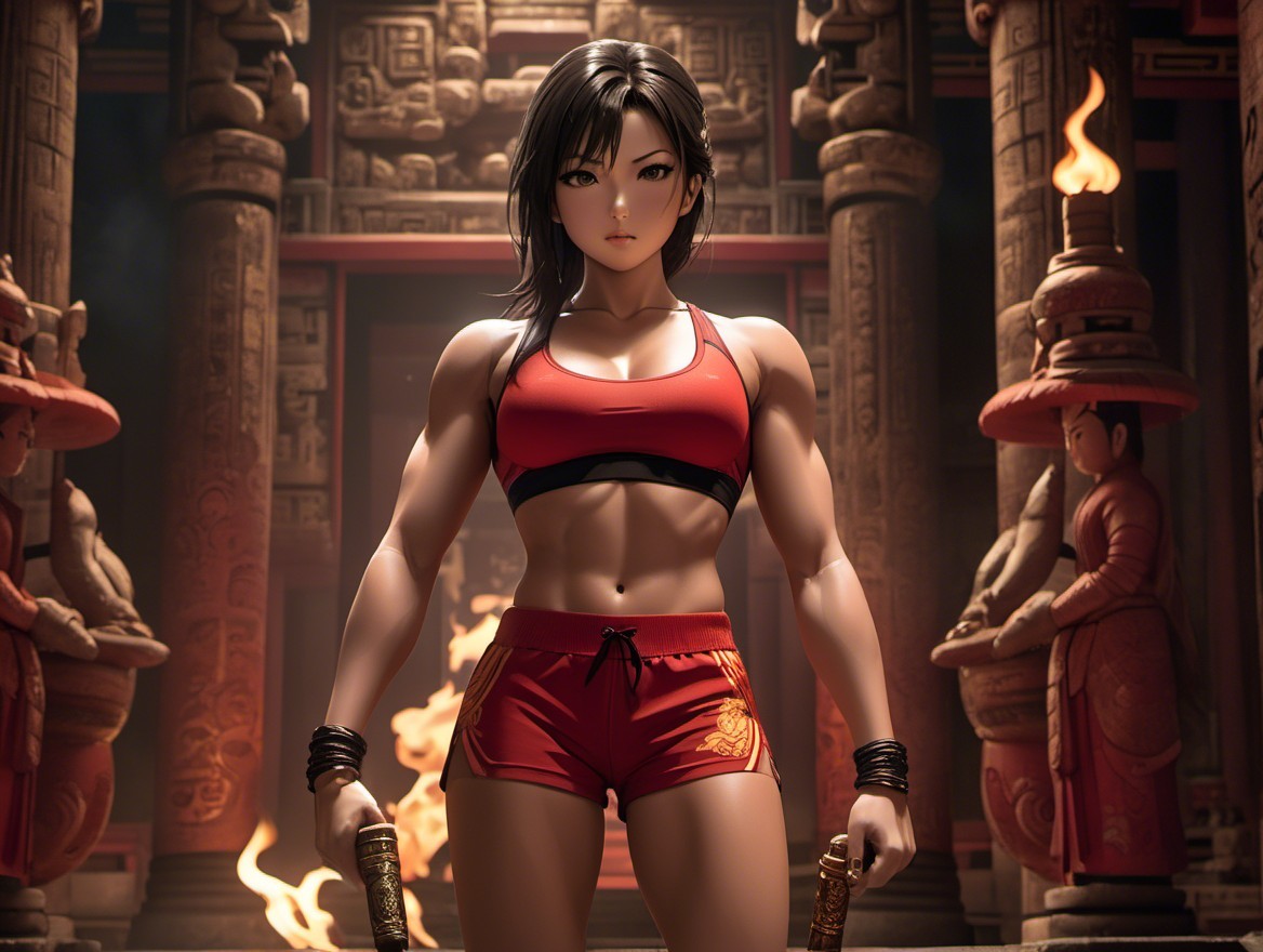 Female Warrior in Ancient Temple with Weapons