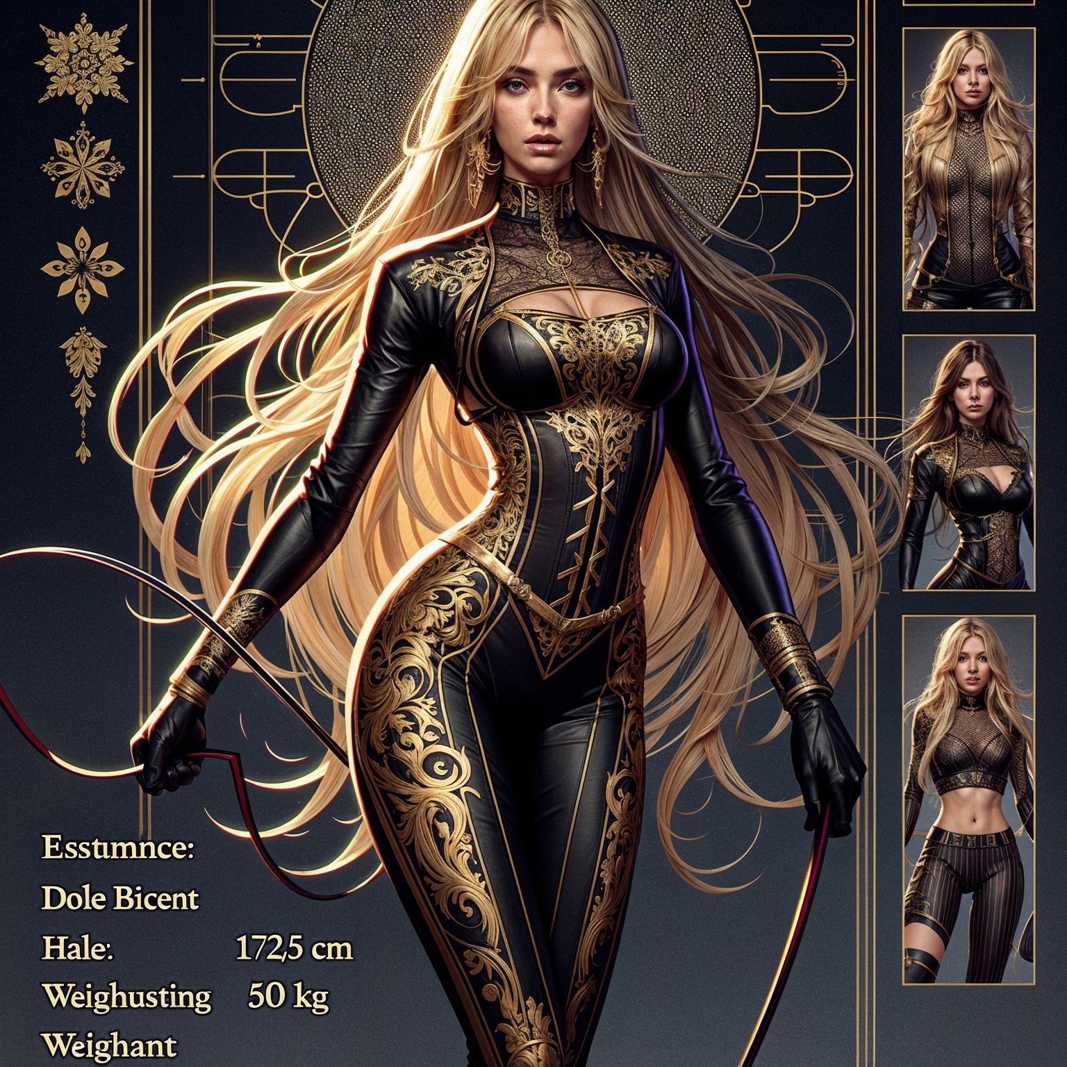 Character Design of Confident Woman in Black and Gold