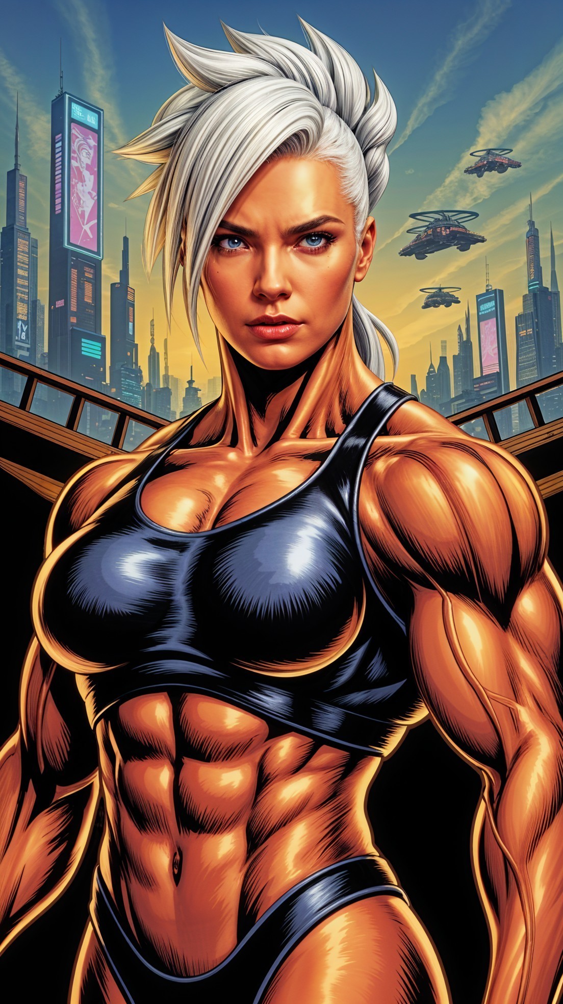 Muscular Female Figure in Futuristic Cityscape