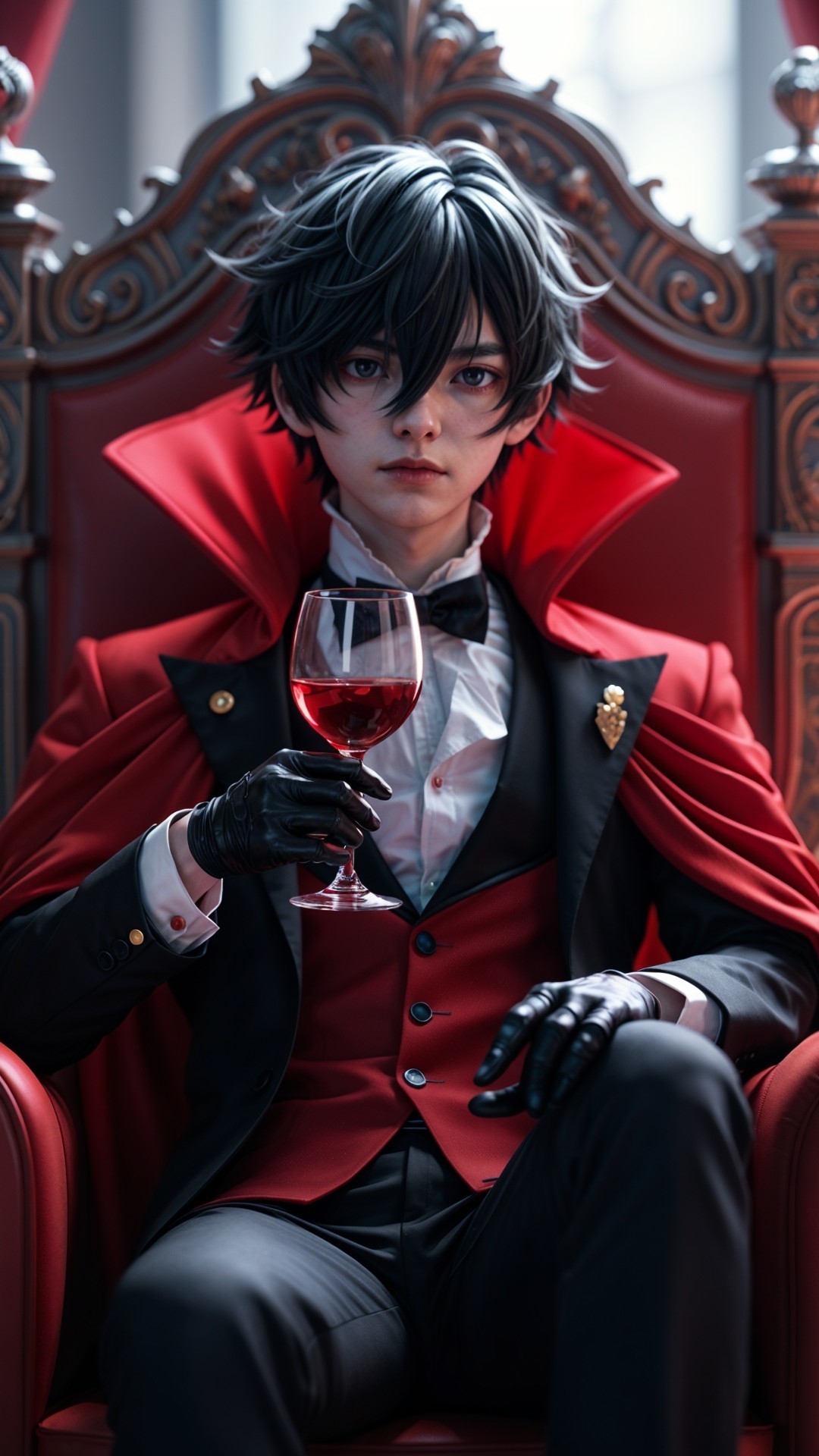Young Individual in Elegant Attire on Ornate Throne
