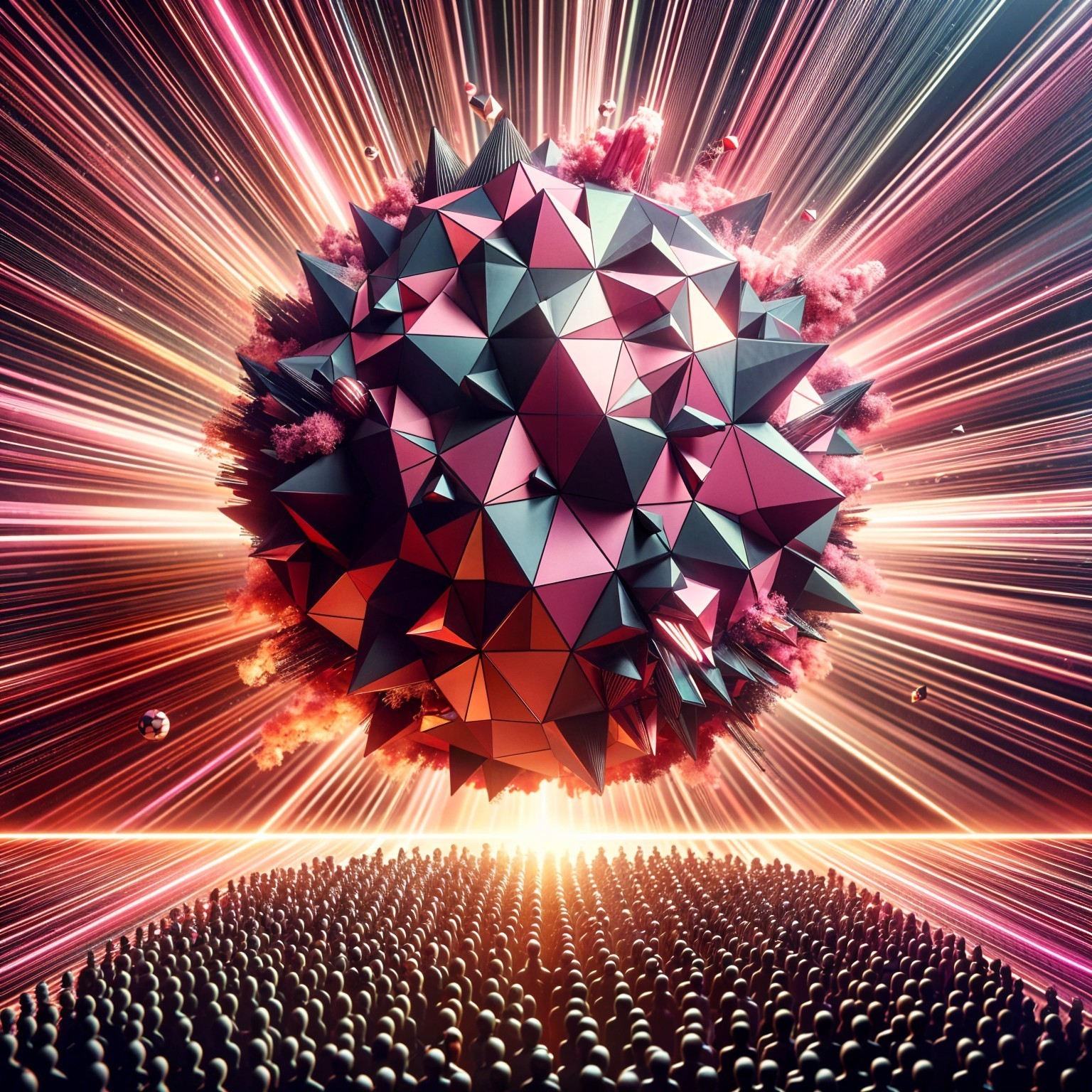 Large Geometric Sphere Surrounded by Humanoid Silhouettes