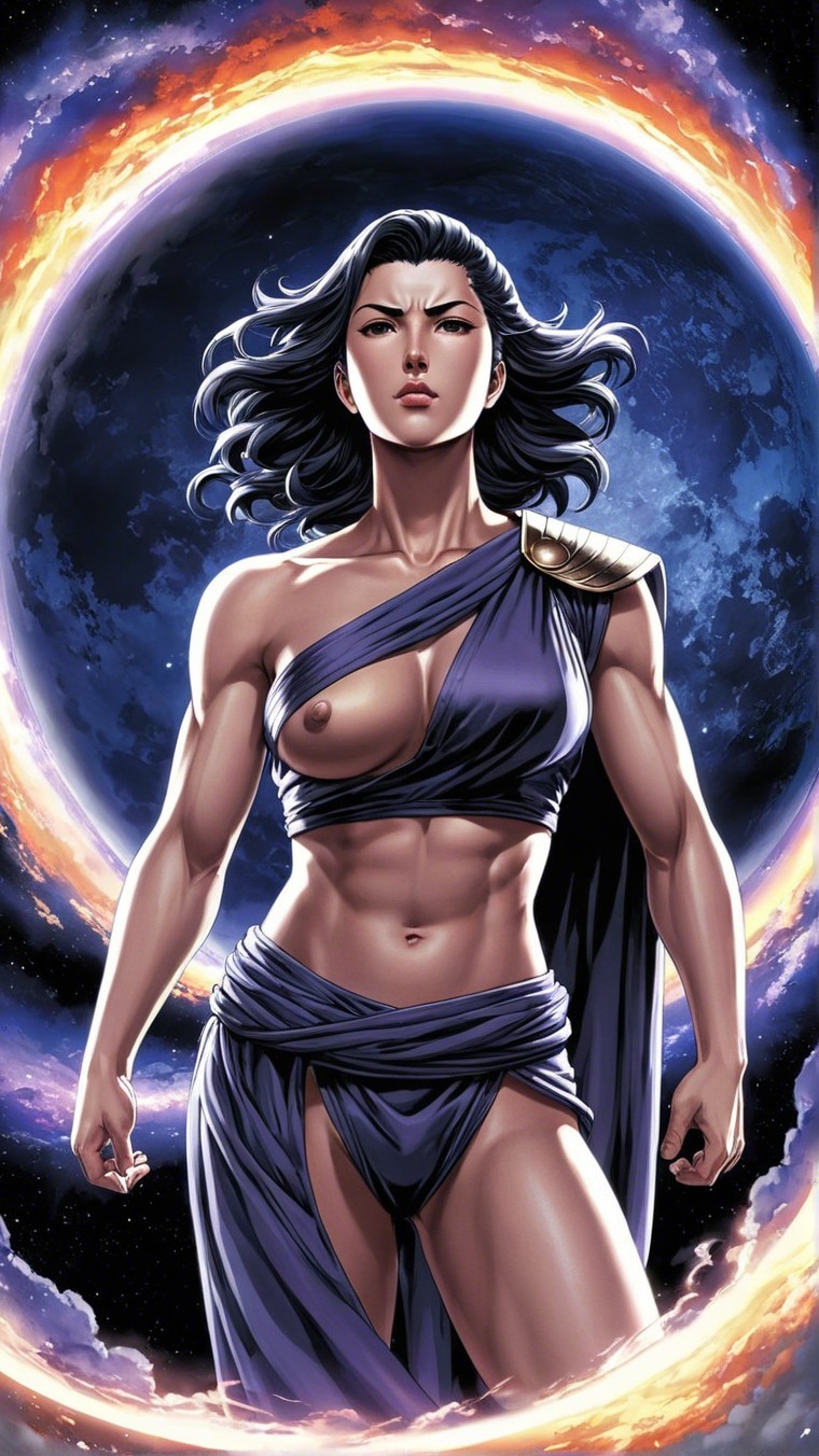 Confident Woman in Ancient-Inspired Cosmic Setting