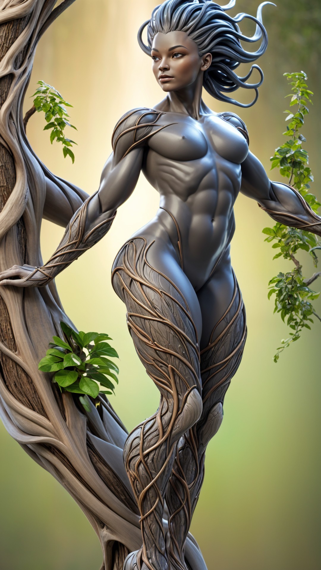 Botanical Being Merging with Nature Elements