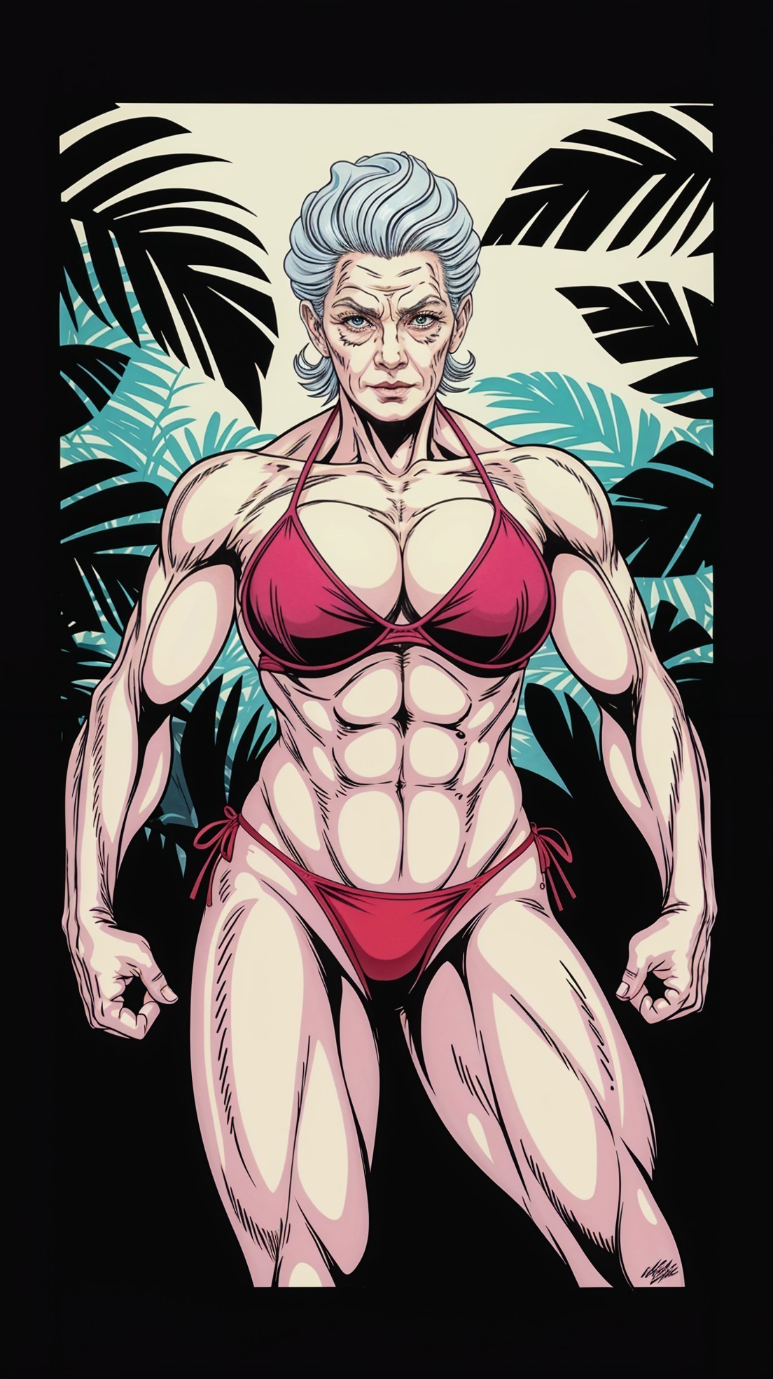 Muscular Older Woman in Red Bikini Amid Tropical Leaves
