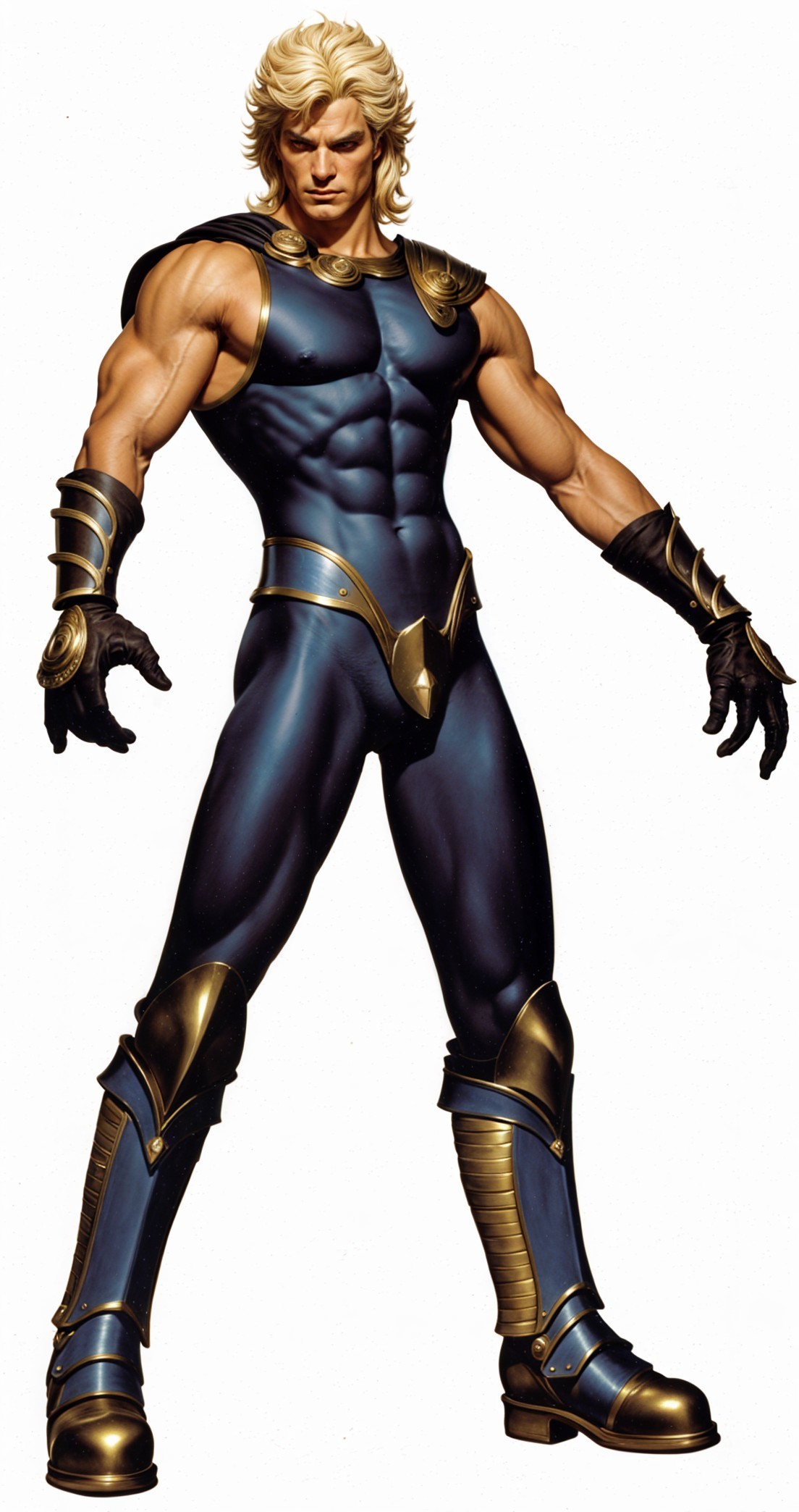 Muscular Superhero in Blue Bodysuit with Gold Armor