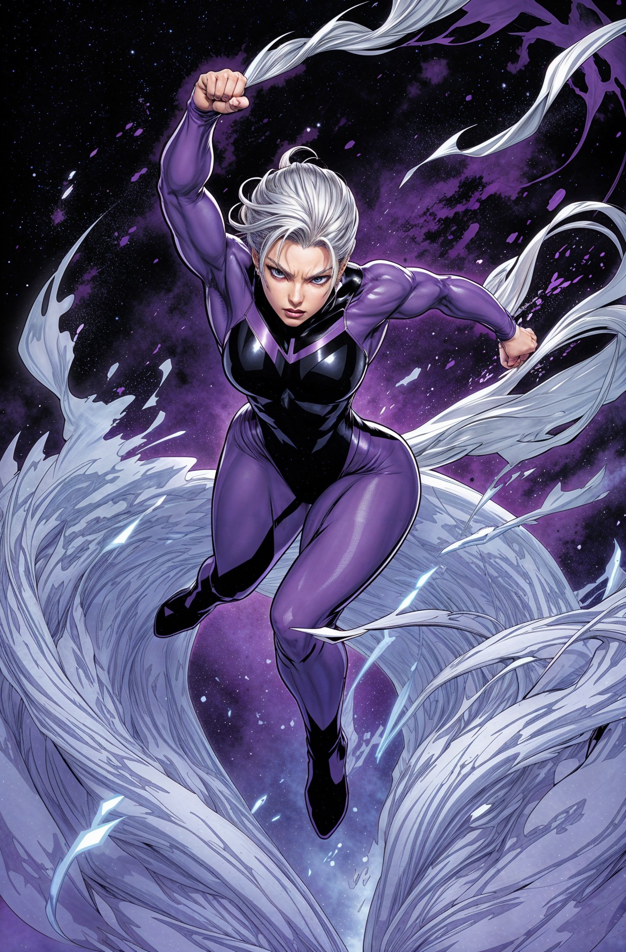 Fierce Superheroine in Cosmic Setting with Energy Wings