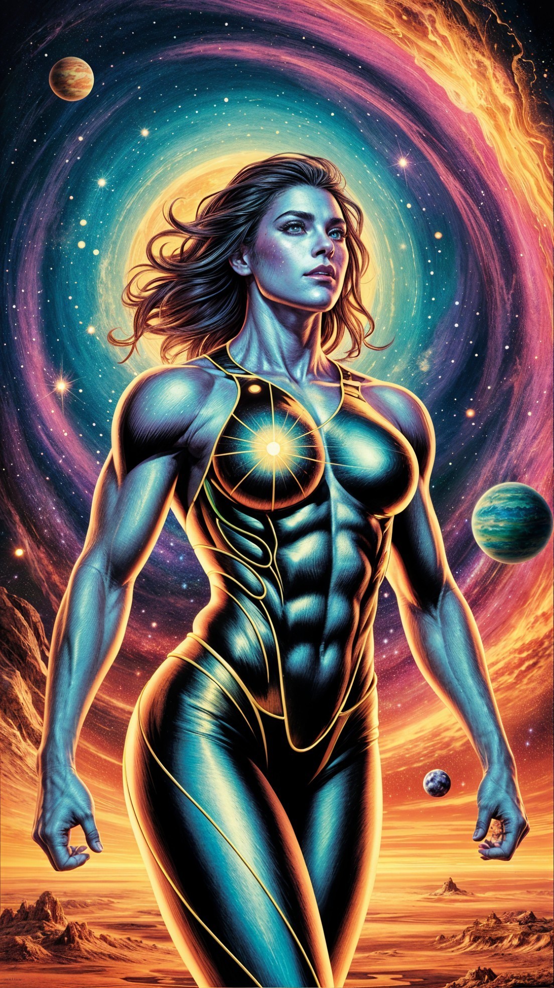 Muscular Woman in Cosmic Background with Blue Skin