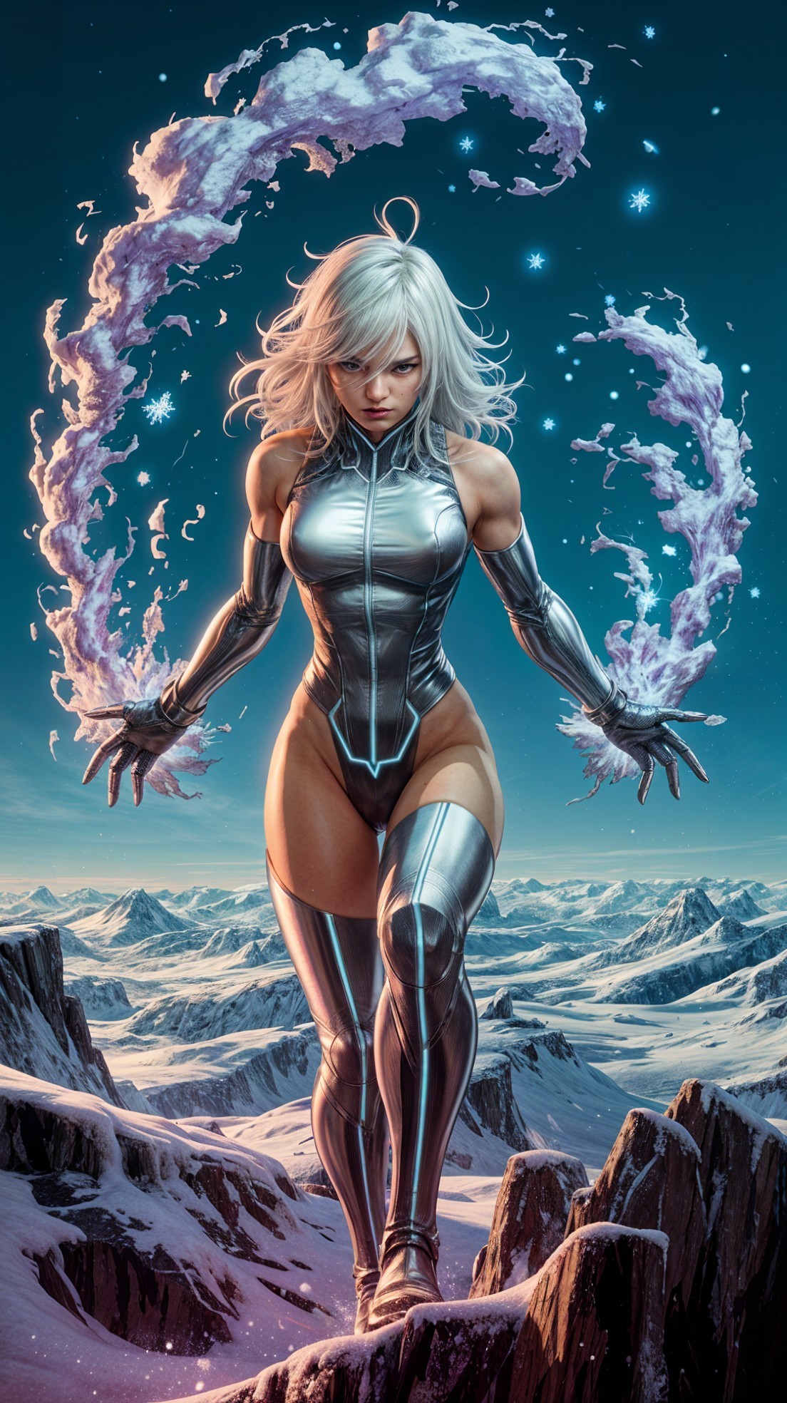 Powerful figure in metallic bodysuit on snowy landscape