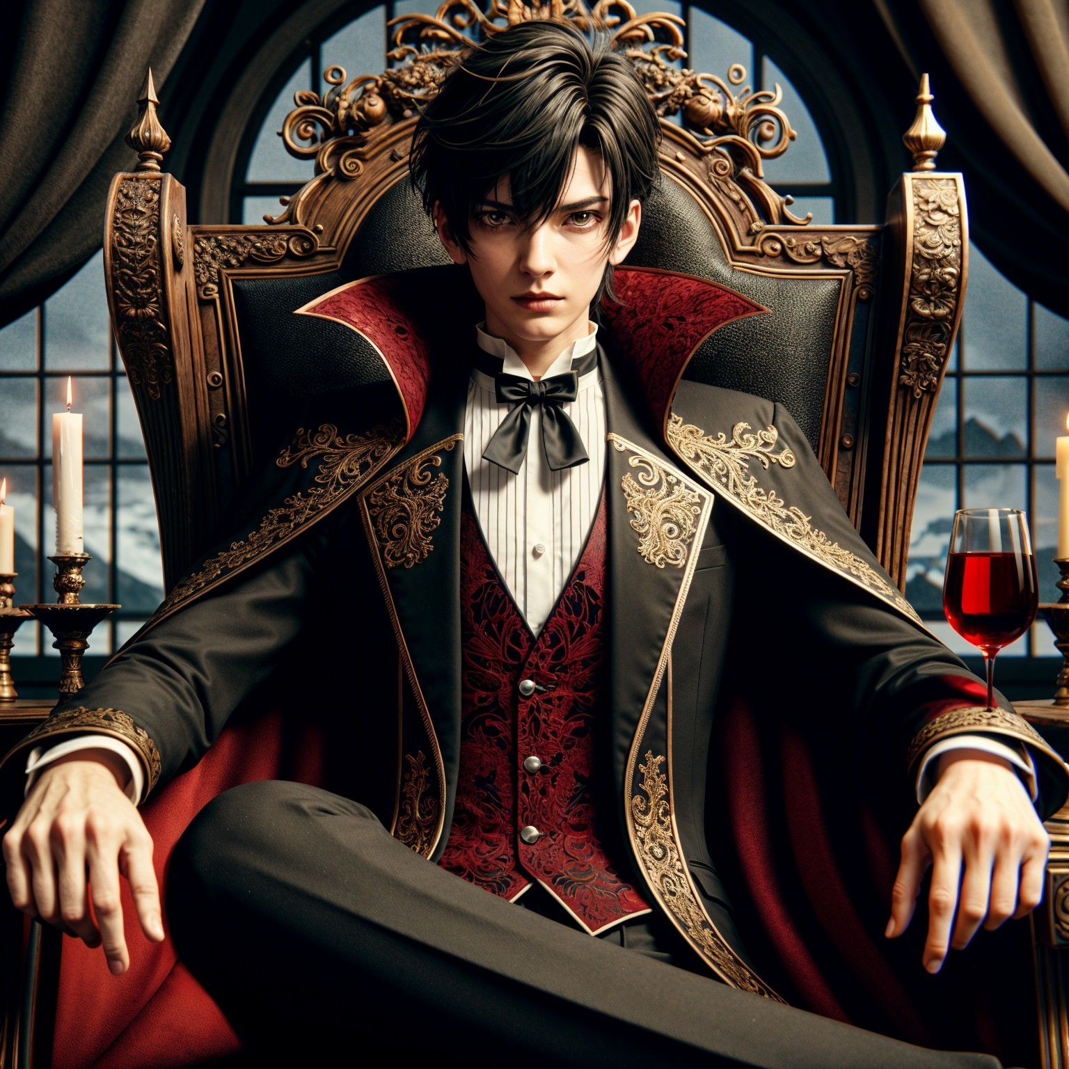 Young man in ornate throne with elegant attire