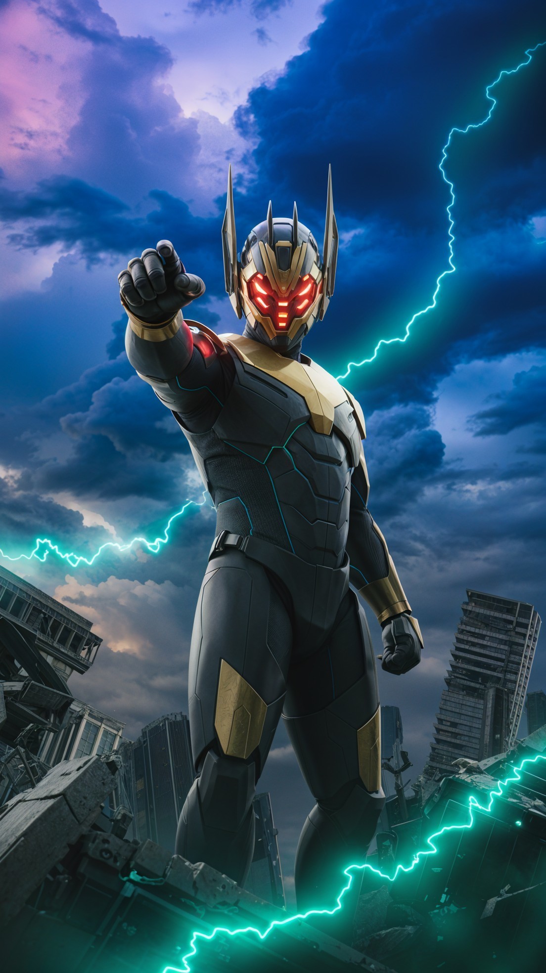 Futuristic superhero in black suit with stormy backdrop